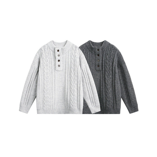 Damen Grobgestrickter Zopf‑Strickpullover mit Henley‑Knopfleiste und Stehkragen Nord Taschen