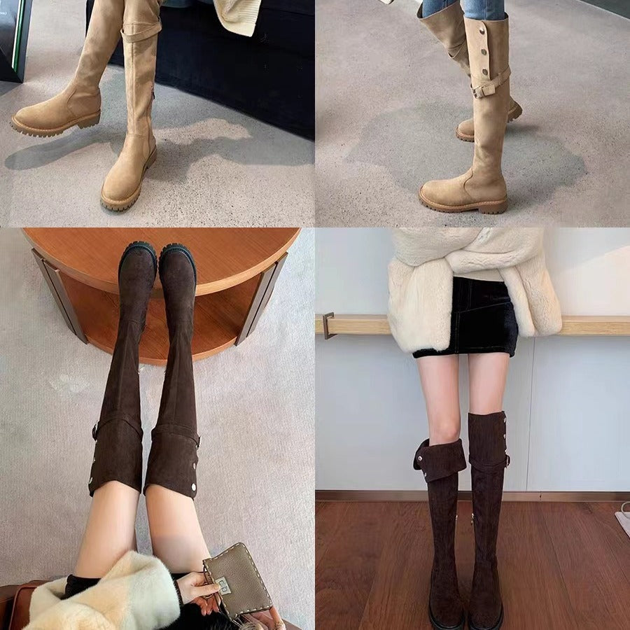Damen Kniehohe Velours-Winterstiefel mit umklappbarer Schaftrand‑Fütterung und profilierter Lug‑Sohle Nord Taschen