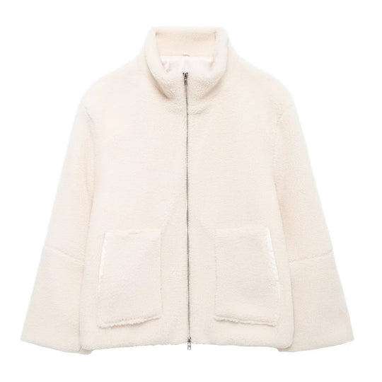 Damen Boxy-Teddyfleece-Jacke mit Stehkragen, Zwei-Wege-Reißverschluss und aufgesetzten Taschen Nord Taschen