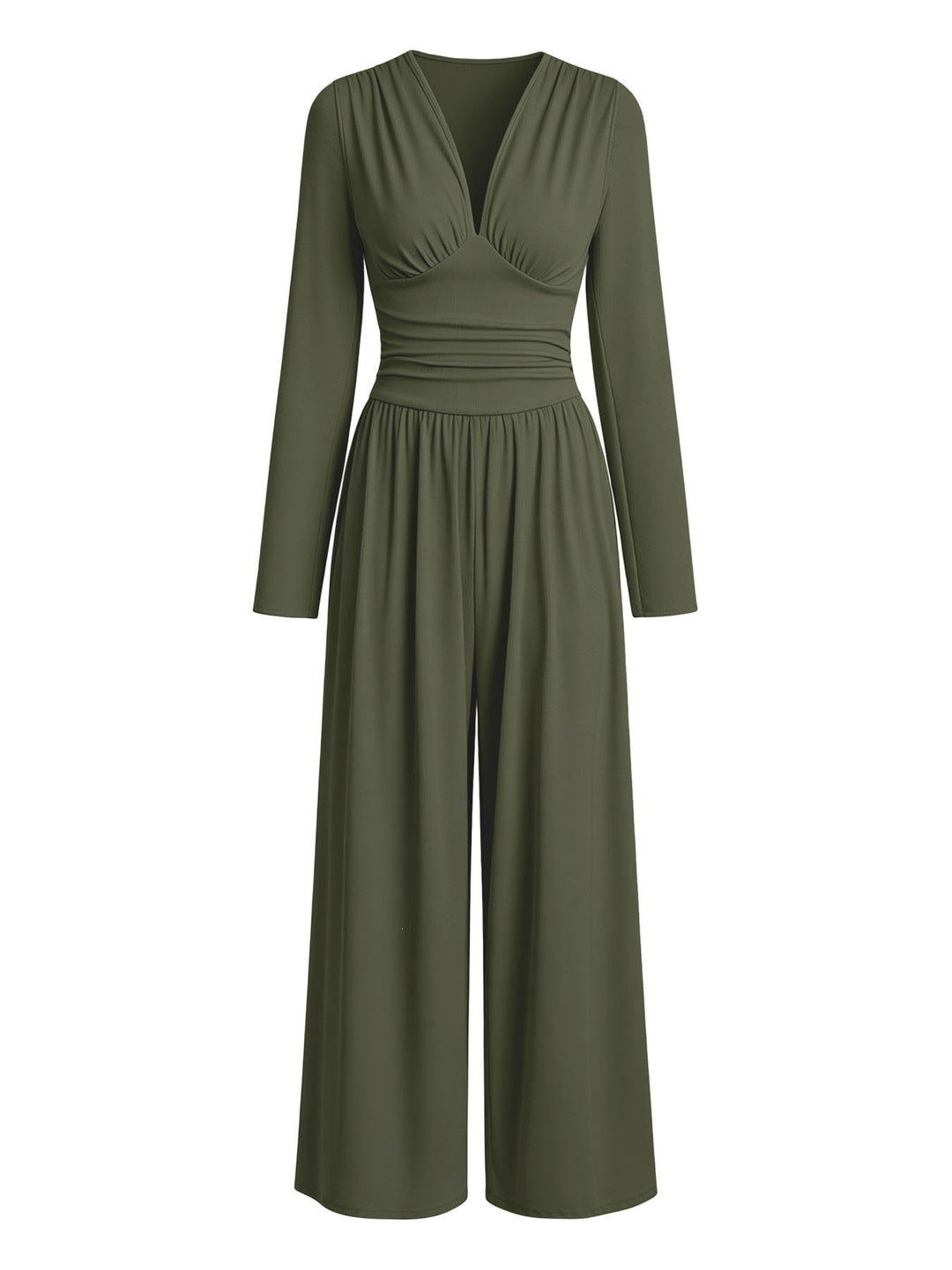 Damen Eleganter V‑Ausschnitt Jumpsuit mit tailliertem Wickelbund und weitem Hosenbein Nord Taschen
