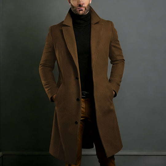 Herren Langer taillierter Wollmantel mit Reverskragen und Pattentaschen Nord Taschen