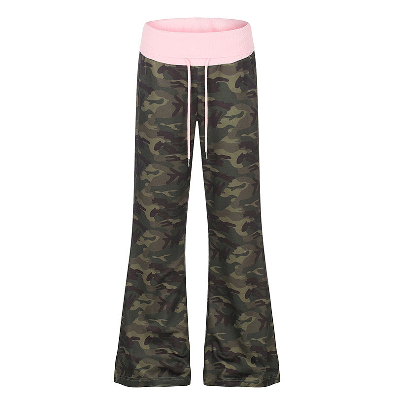 Damen Palazzo-Loungehose mit hohem Umschlagbund, Kordelzug und Camouflage-Muster Nord Taschen