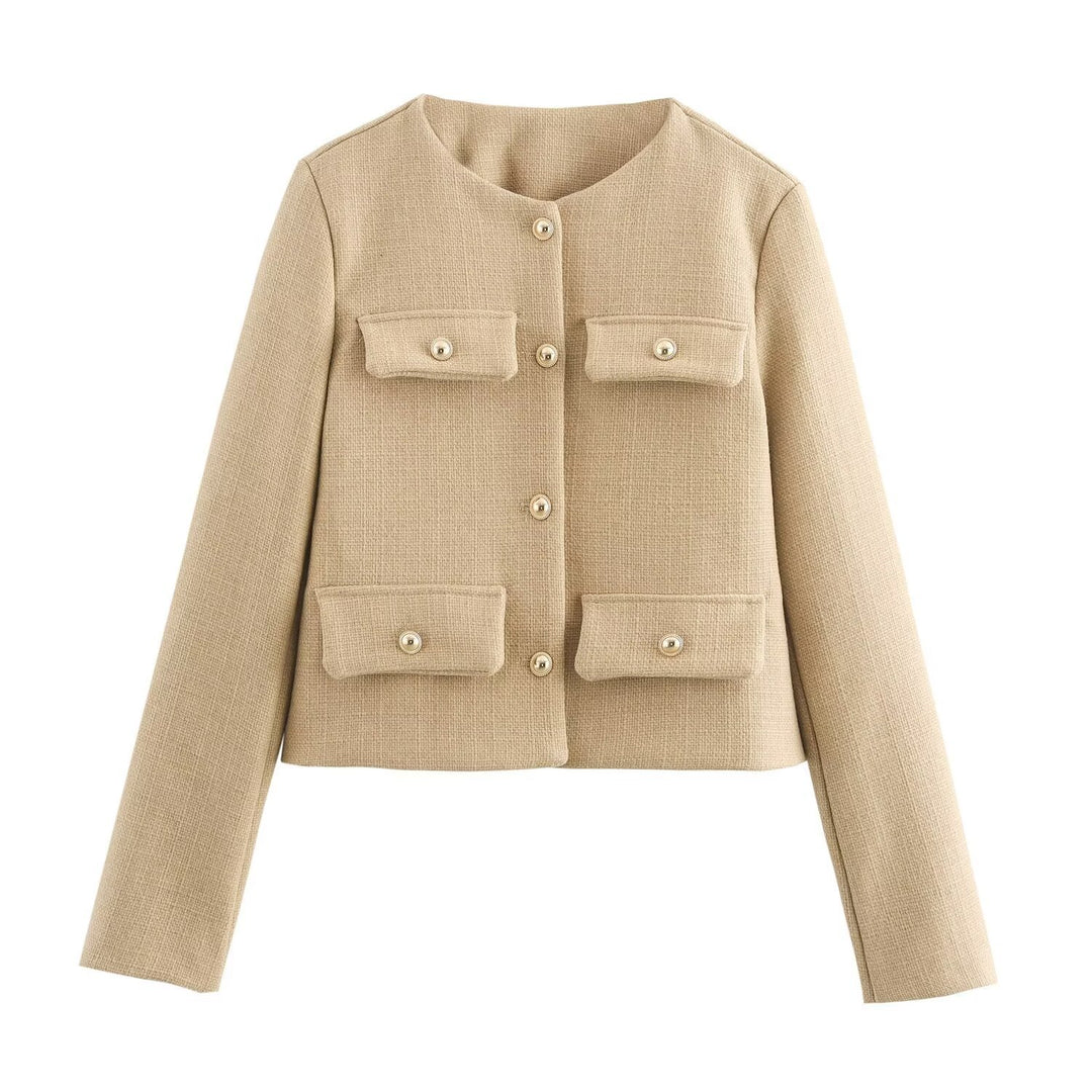 Damen Kurze Bouclé-Blazerjacke mit Rundhalsausschnitt, Zierleistentaschen und goldfarbenen Knöpfen Nord Taschen