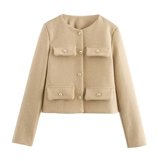 Damen Kurze Bouclé-Blazerjacke mit Rundhalsausschnitt, Zierleistentaschen und goldfarbenen Knöpfen Nord Taschen