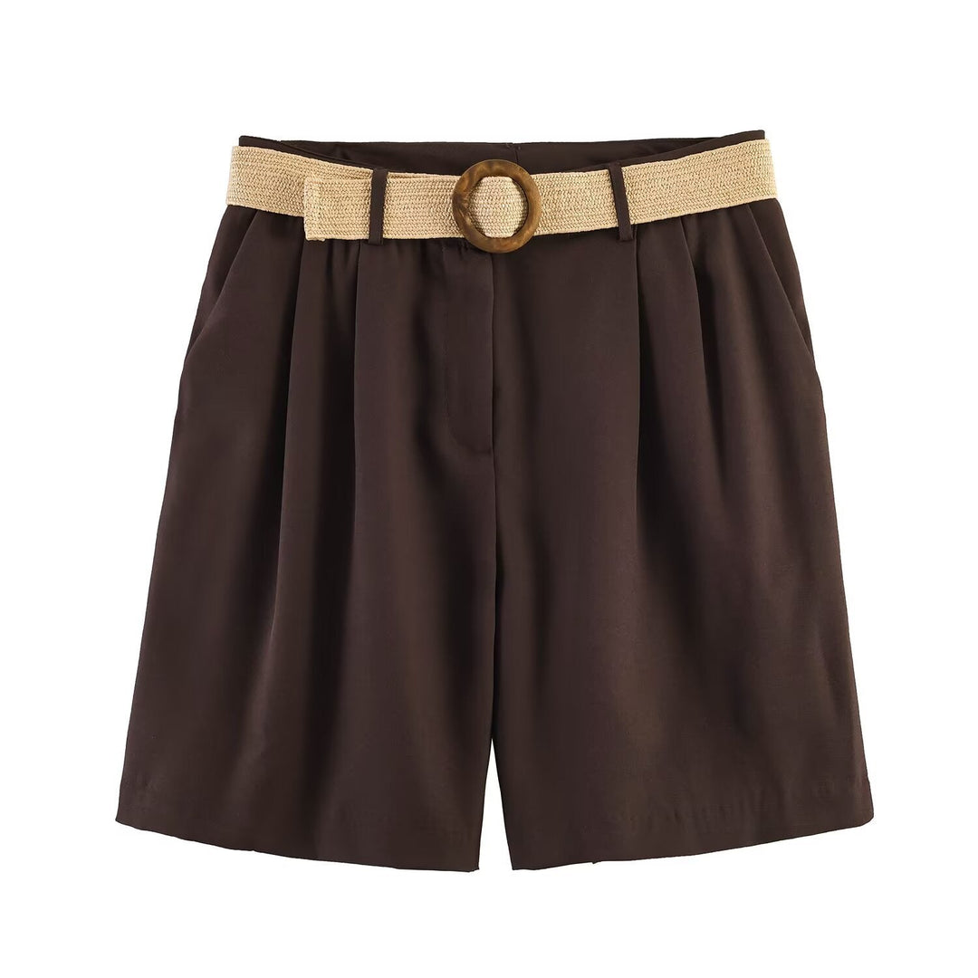 Damen elegante Shorts mit breitem, geflochtenem Gürtel