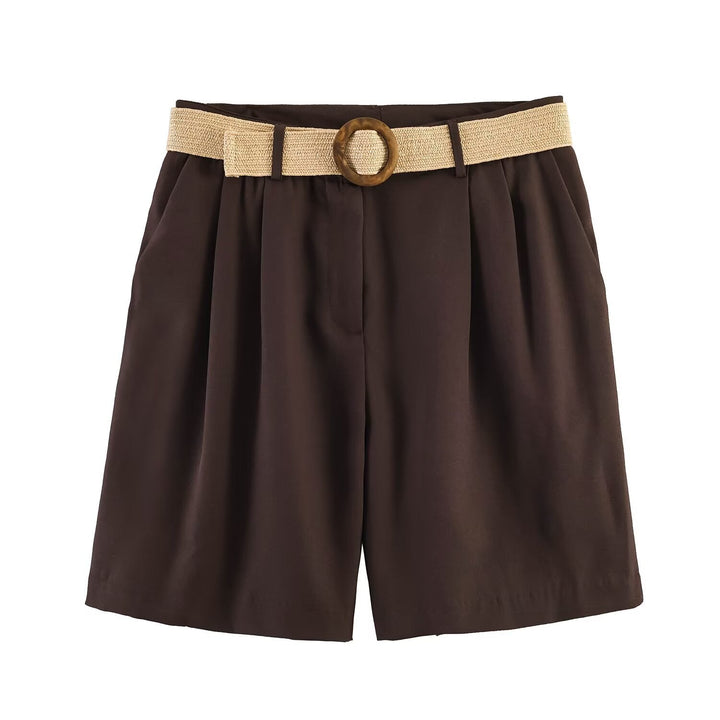 Damen elegante Shorts mit breitem, geflochtenem Gürtel