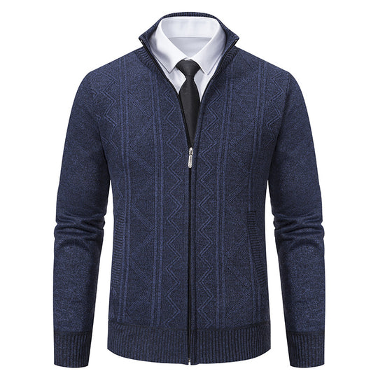 Herren Strukturiertes Feinstrick-Zipcardigan mit Stehkragen und geometrischem Zopfmuster Nord Taschen