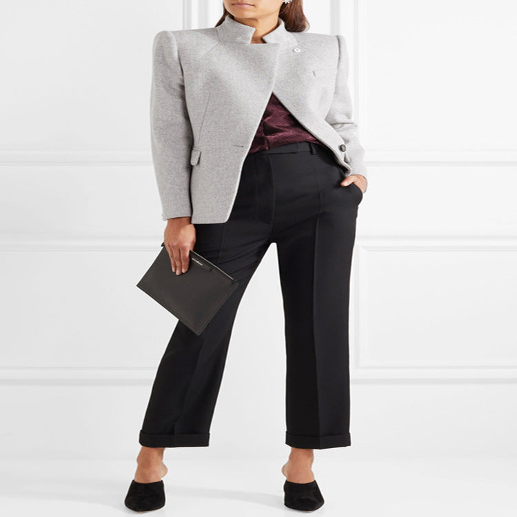 Damen Taillierter Wollmix‑Blazer mit Stehkragen, strukturierter Schulter und Pattentaschen Nord Taschen