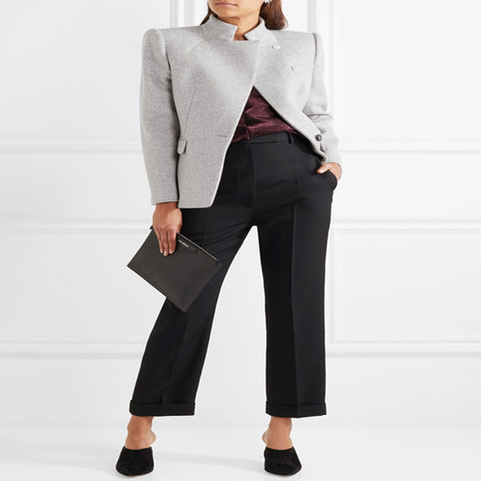 Damen Taillierter Wollmix‑Blazer mit Stehkragen, strukturierter Schulter und Pattentaschen Nord Taschen