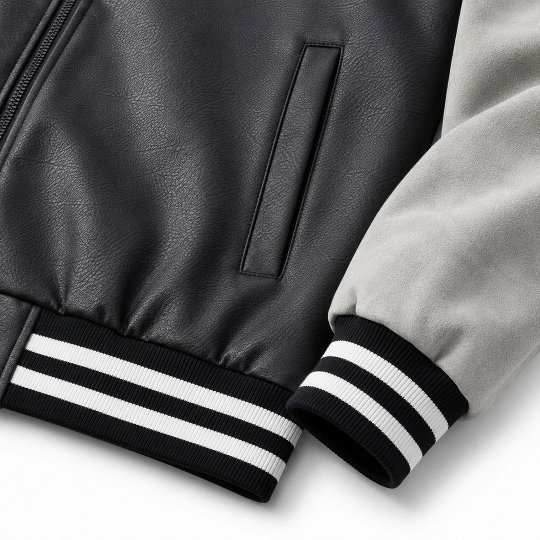 Herren Retro Letterman‑Bomber mit glattem Kunstlederkörper und Veloursärmmel-Detail Nord Taschen