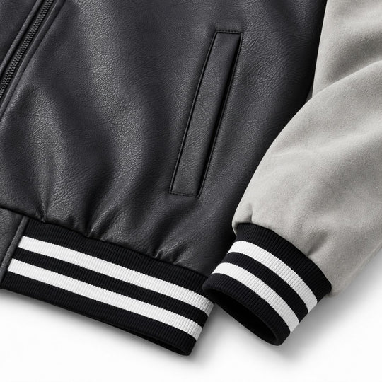 Herren Retro Letterman‑Bomber mit glattem Kunstlederkörper und Veloursärmmel-Detail Nord Taschen