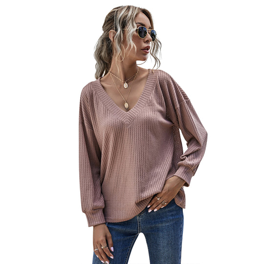 Damen Lockeres Waffelstrick-Longsleeve mit V-Ausschnitt und gerippten Bündchen Nord Taschen
