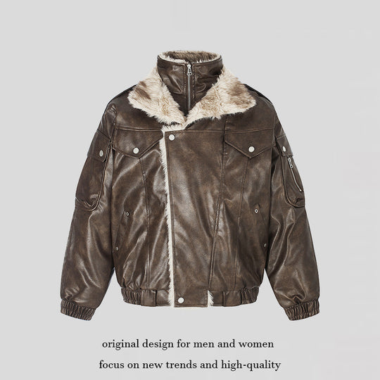 Damen Oversize Kunstleder-Fliegerjacke mit Teddyfutter und Stehkragen Nord Taschen