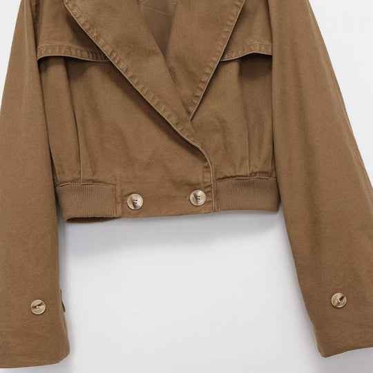 Damen Cropped Trench‑Blousonjacke mit doppelreihiger Knopfleiste, Schulterpatten und elastischem Saum Nord Taschen