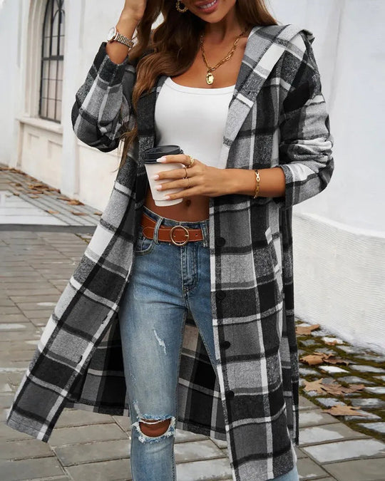 Damen Karomuster Longjacke mit Kapuze