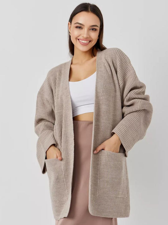 Damen kuscheliger langer Strickcardigan mit weiten Ärmeln und praktischen Taschen Nord Taschen