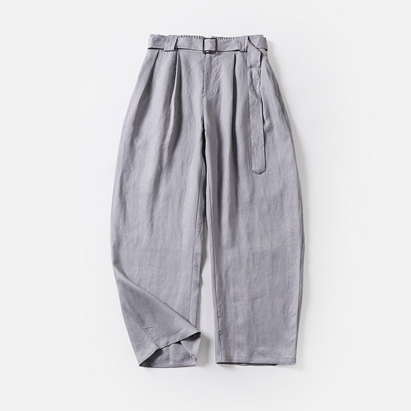 Damen Hochtaillierte Leinen-Baumwoll Bundfaltenhose mit Bindegürtel und tapered Bein Nord Taschen