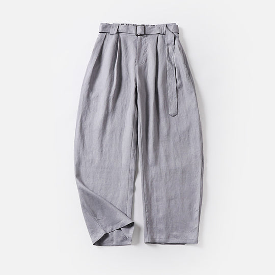 Damen Hochtaillierte Leinen-Baumwoll Bundfaltenhose mit Bindegürtel und tapered Bein Nord Taschen