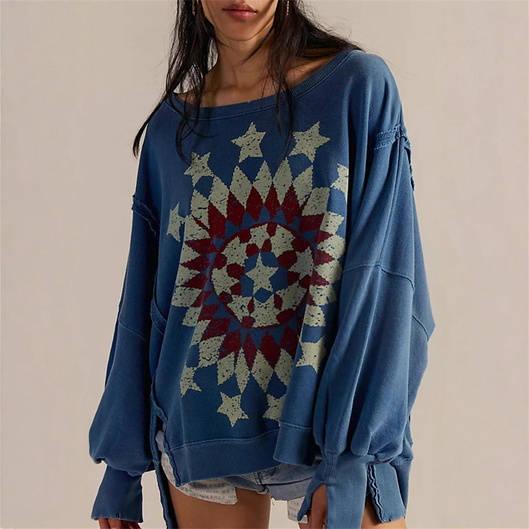 Damen oversized Sweatshirt mit Rüben-Print, ausgefransten Nahtakzenten und Daumenlochärmeln Nord Taschen