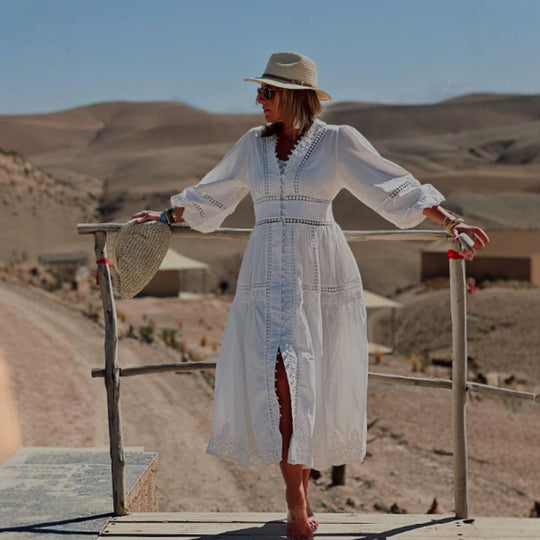Damen Maxikleid im Boho‑Stil mit Spitzeneinsätzen, Knopfleiste und Ballonärmeln Nord Taschen