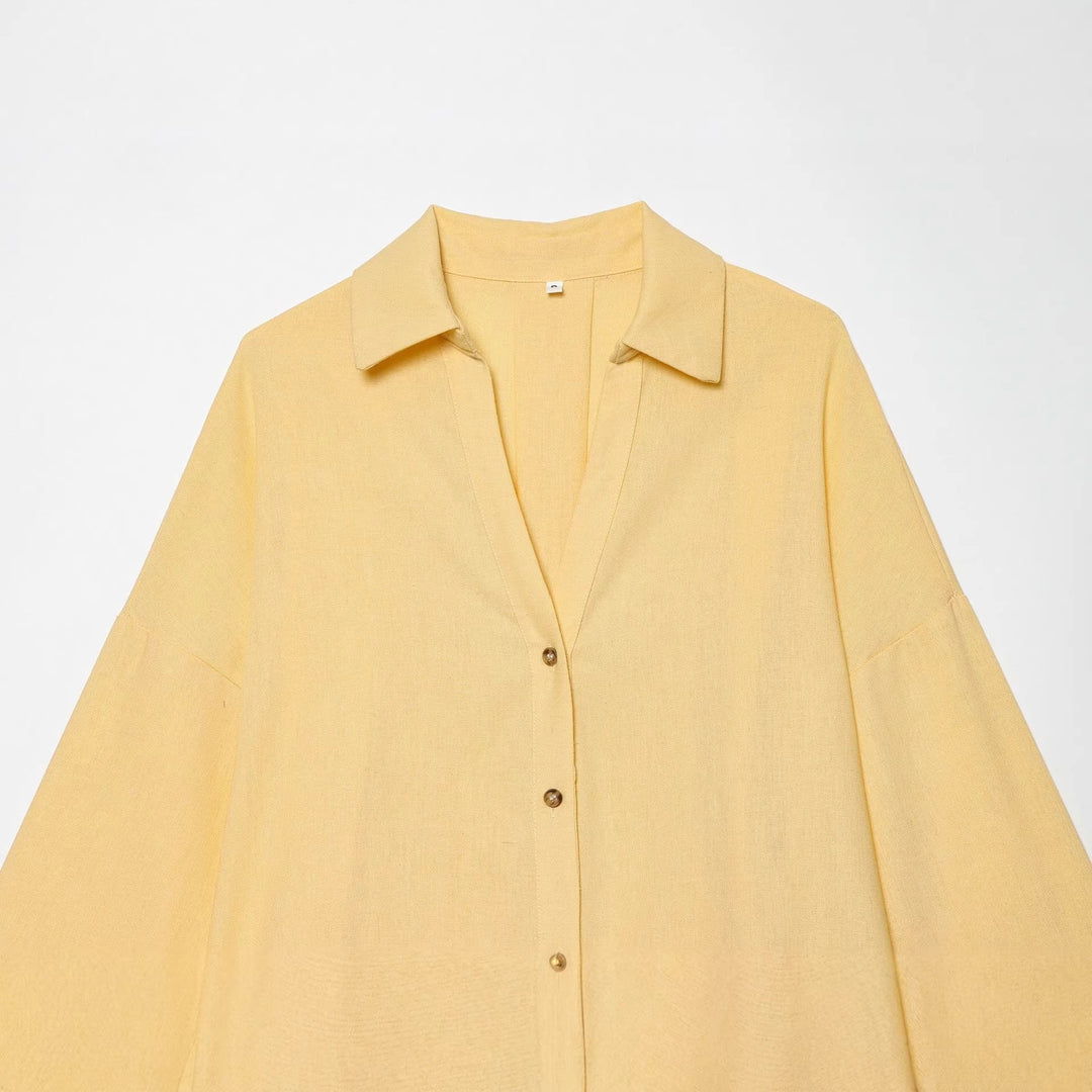 Damen Oversized Leinenbluse mit Kimonoärmeln und durchgehender Knopfleiste Nord Taschen
