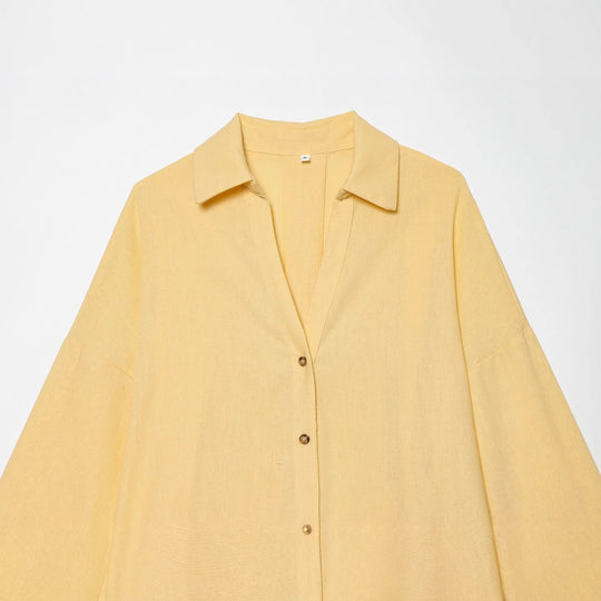 Damen Oversized Leinenbluse mit Kimonoärmeln und durchgehender Knopfleiste Nord Taschen