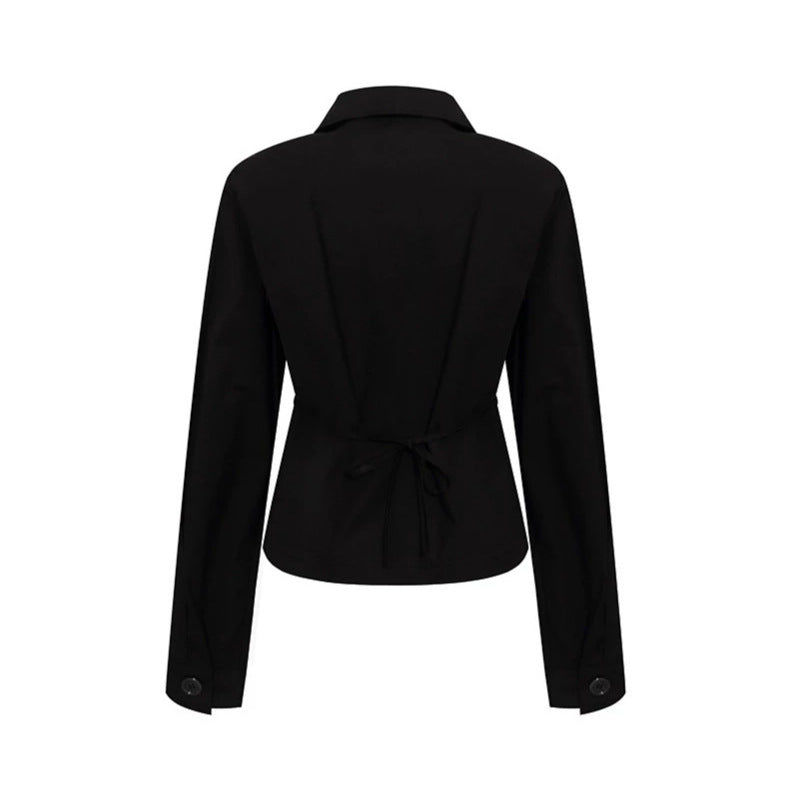 Damen Taillierte leichte Baumwoll-Blusenjacke mit Rundkragen und Doppelknopfreihe Nord Taschen