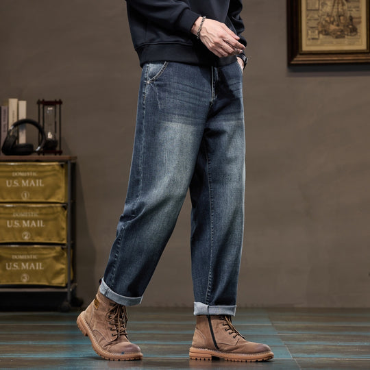 Herren Weite gerade geschnittene Denim-Jeans mit Used‑Wash und Umschlagbund Nord Taschen