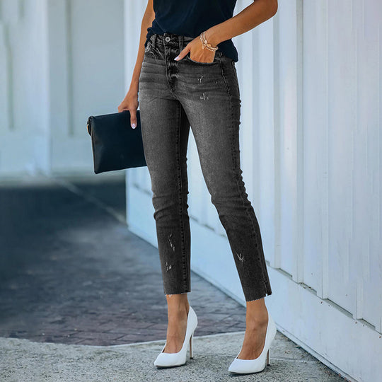 Damen Figurbetonte Hochtaillierte Knöchellange Jeans mit leicht ausgefranstem Saum Nord Taschen