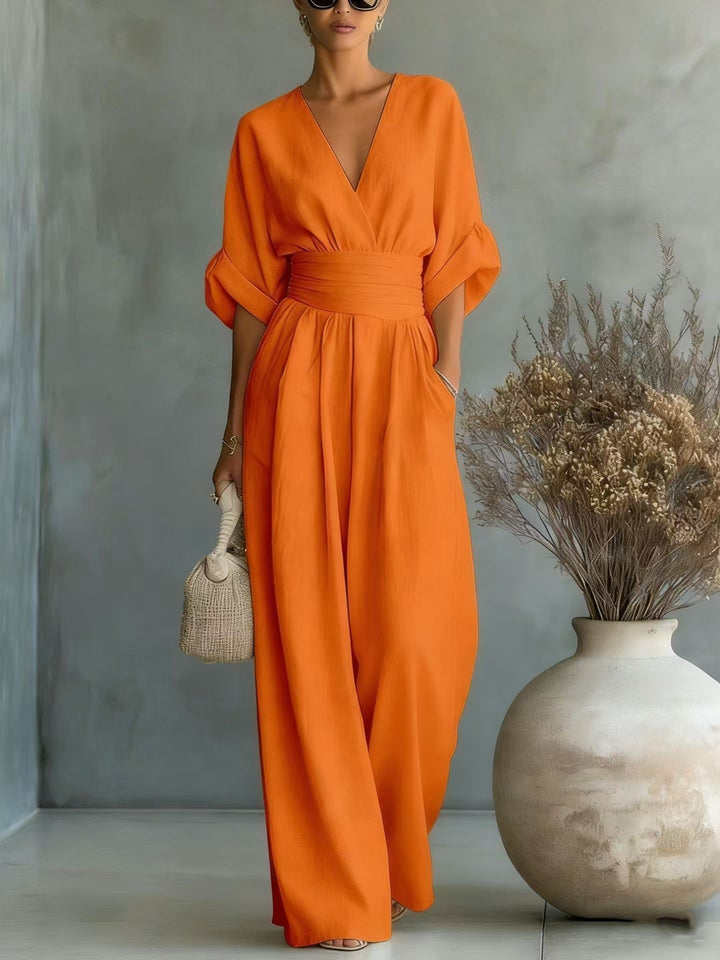 Damen Jumpsuit mit elegantem V-Ausschnitt und weitem Bein R&B