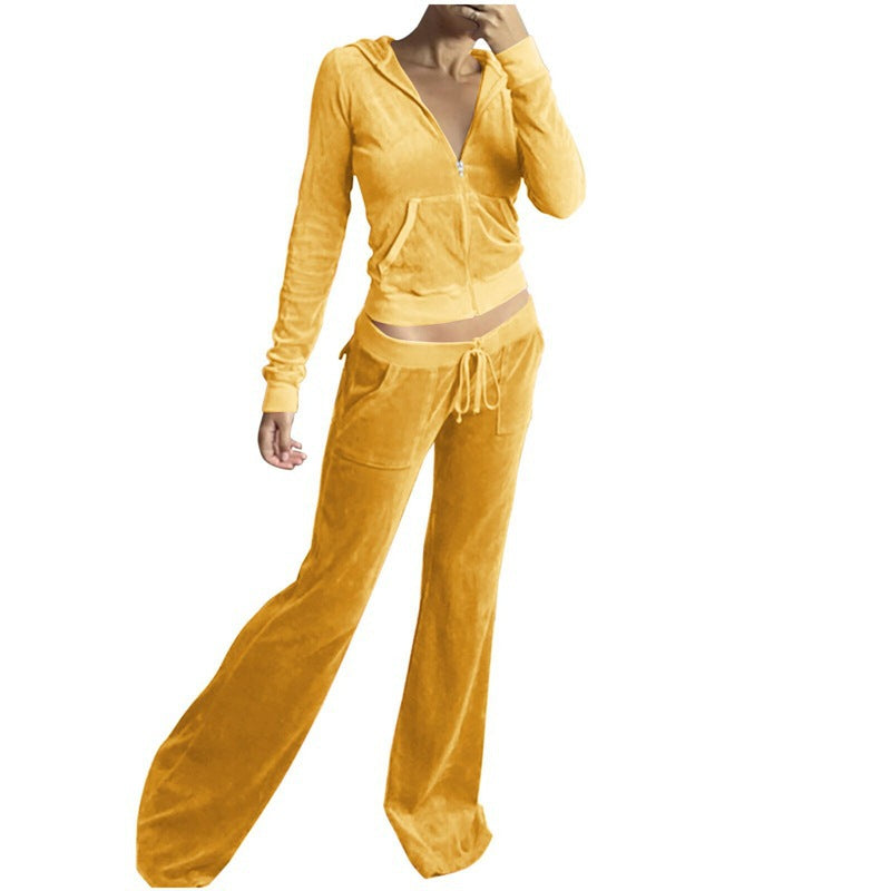 Damen Samtvelours Cropped-Zipjacke mit Kängurutasche und hochgeschnittener Bündchenhose Nord Taschen