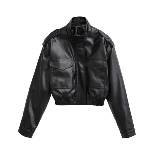 Damen Kurze PU-Leder-Bomberjacke mit hohem Stehkragen, Pattentaschen und Schulterklappen Nord Taschen