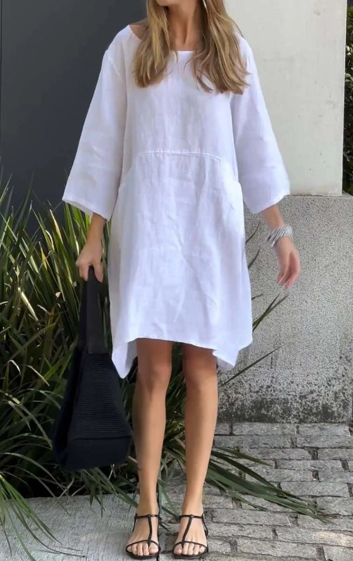 Damen lässiges Leinenkleid mit praktischen Taschen und asymmetrischem Saum
