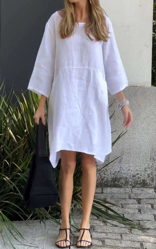 Damen lässiges Leinenkleid mit praktischen Taschen und asymmetrischem Saum