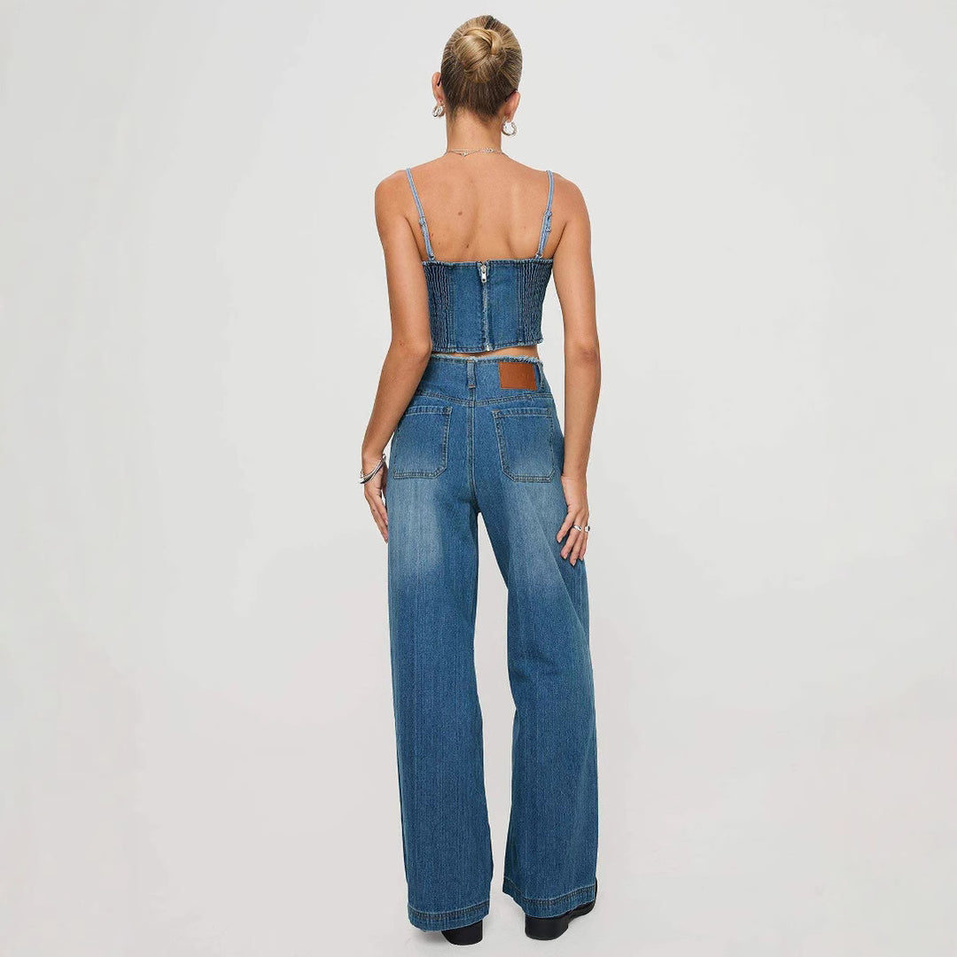 Damen hochgeschnittene Weitbein-Jeans mit rohem Bund, extra weitem Bein und Fünf-Taschen-Schnitt Nord Taschen