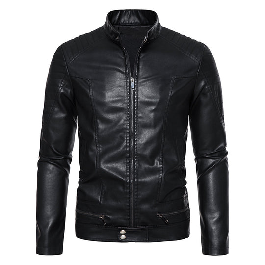Herren Schmale Biker‑Blouson Kunstlederjacke mit Stehkragen, Ziersteppungen und Reißverschlusstaschen Nord Taschen