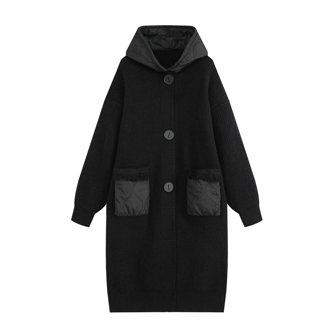 Damen Strick-Mantel mit gesteppter Kapuze und wattierten Taschen Nord Taschen