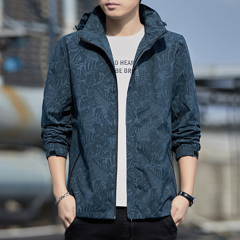 Herren leichte Kapuzen-Windjacke mit floralem Alloverprint, wasserabweisender Shell und elastischen Bündchen Nord Taschen