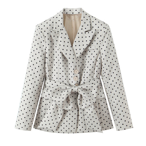 Damen Taillierter gepunkteter Blazer mit Bindegürtel und Reverskragen Nord Taschen