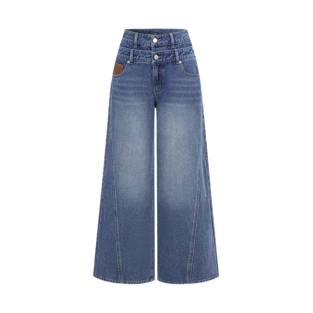 Damen hochgeschnittene Doppelbund-Jeansculotte mit weitem Cropped-Bein und sichtbaren Nahtpaneelen Nord Taschen