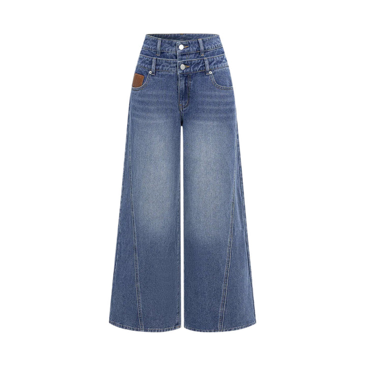 Damen hochgeschnittene Doppelbund-Jeansculotte mit weitem Cropped-Bein und sichtbaren Nahtpaneelen Nord Taschen