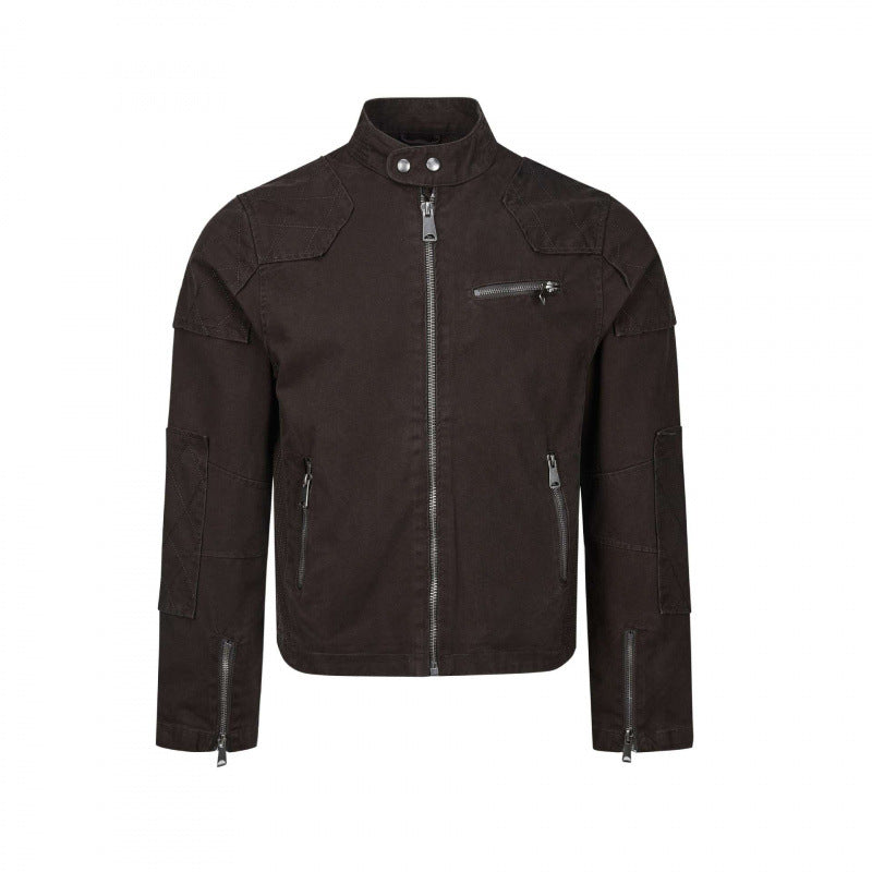 Herren Kurz geschnittene Biker‑inspirierte Baumwolljacke mit Stehkragen, Quilt‑Einsätzen und Reißverschlusstaschen Nord Taschen