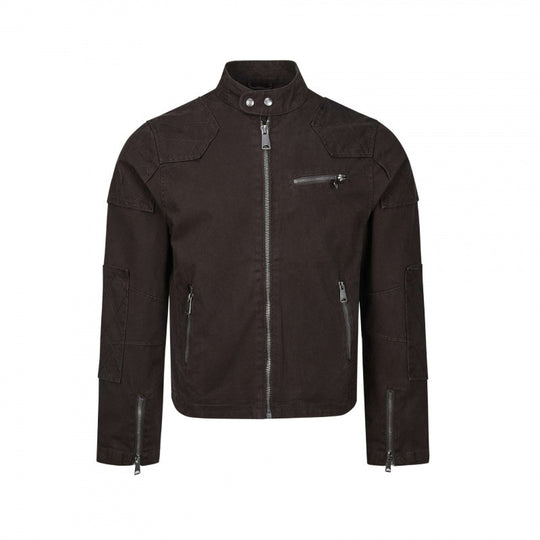 Herren Kurz geschnittene Biker‑inspirierte Baumwolljacke mit Stehkragen, Quilt‑Einsätzen und Reißverschlusstaschen Nord Taschen