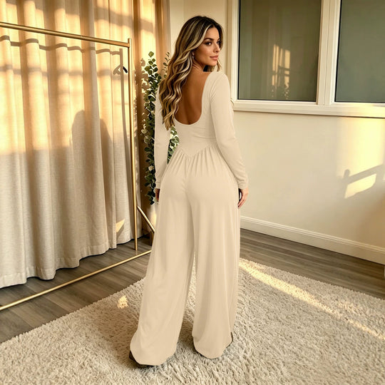 Damen Langer Jumpsuit mit weitem Bein, tiefem Rundhals und Eingrifftaschen Nord Taschen