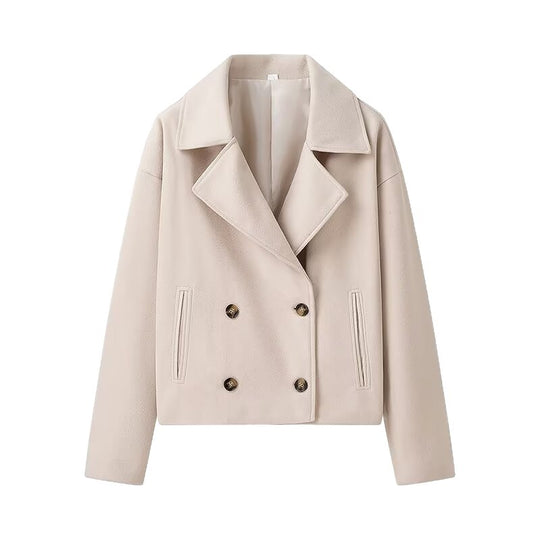 Damen Kurzer Boxy-Wollmix-Peacoat mit doppelreihiger Knopfleiste und aufgesetzten Taschen Nord Taschen