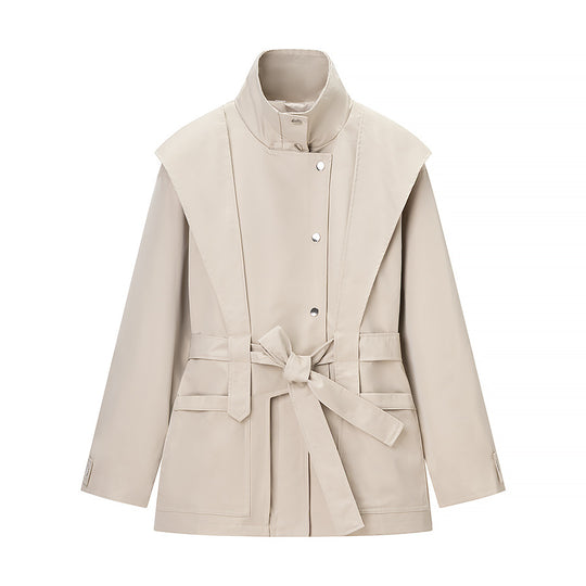 Damen Taillierte Übergangsjacke mit Stehkragen, Schultercape und Bindegürtel Nord Taschen