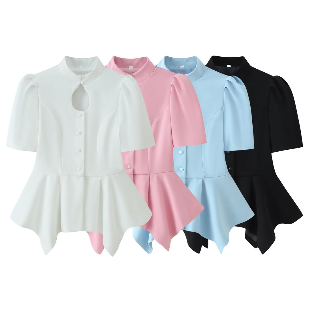 Damen Taillierte Bluse mit Stehkragen, Cut-Out-Ausschnitt und asymmetrischem Schößchen Nord Taschen