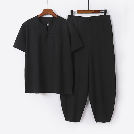 Herren Zweiteiliges Set mit Kurzarm-Stehkragenhemd und elastischer Haremshose Nord Taschen