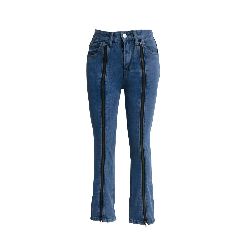 Damen Jeanshose mit durchgehenden Front-Reißverschlüssen, hoher vorderer Beinöffnung und ausgestelltem Schlag Nord Taschen