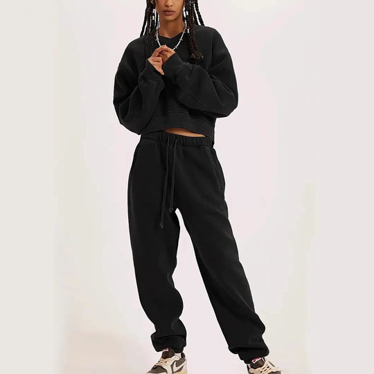 Damen Boxy-Sweatshirt mit überschnittener Schulter, verlängertem Rückenteil und brushed Fleece Nord Taschen
